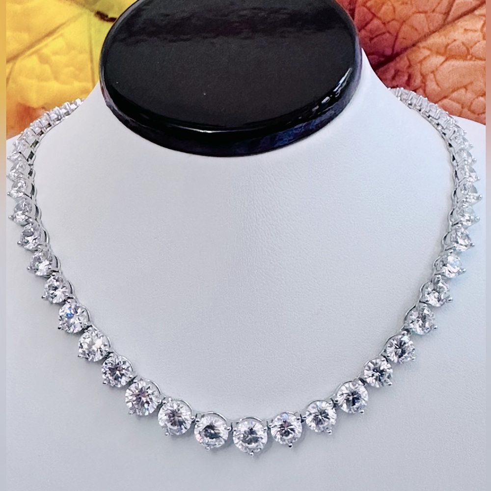 925 Tennis Necklace REAL Sterling Silver 18” Graduated Cubic Zirconia
